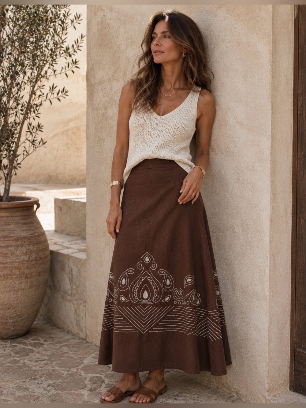 Linen Blend Lucy & Laurel Brown Embroidered Boho Midi Skirt | Size 8